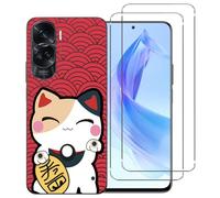 NOVAGO Compatible avec Honor 90 Lite 5G - Pack Complet- Coque Résistante avec Motif imprimé+ 2 Films Protection vitre écran Verre trempé (Chat)