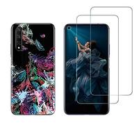 NOVAGO Compatible avec Huawei Honor 20 et Nova 5T -Pack de 2 Film Protection écran Verre trempé +1 Coque Souple Transparente et Résistante Anti Choc (Plumes)