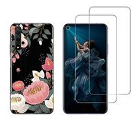 NOVAGO Compatible avec Huawei Honor 20 et Nova 5T -Pack de 2 Film Protection écran Verre trempé +1 Coque Souple Transparente et Résistante Anti Choc (Fleur)