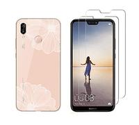 NOVAGO Compatible avec Huawei P20 Lite-Pack de 2 Films Protection écran en Verre trempé +1 Coque Résistante et Solide Anti Choc (1 Coque +2 Films, Fleur Blanche)