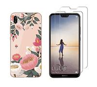 NOVAGO Compatible avec Huawei P20 Lite-Pack de 2 Films Protection écran en Verre trempé +1 Coque Résistante et Solide Anti Choc (1 Coque +2 Films, Grosse Fleur)