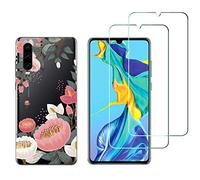 NOVAGO Compatible avec Huawei P30 -Pack 2 en 1-Coque Souple Solide Anti Choc avec Impression + 2 Films Protection écran Verre trempé résistant (Coque+2Films, Grosse Fleur)