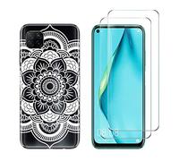 NOVAGO Compatible avec Huawei P40 Lite-Pack 2 en 1-Coque Souple Solide Anti Choc avec Impression + 2 Films Protection écran Verre trempé résistant (Coque+2 Films,Rosace Blanc