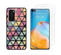 NOVAGO Compatible avec Huawei P40 -Pack 2 en 1-Coque Souple Solide Anti Choc avec Impression + 2 Films Protection écran Verre trempé résistant (Coque+2Films, Triangles)