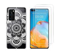 NOVAGO Compatible avec Huawei P40 -Pack 2 en 1-Coque Souple Solide Anti Choc avec Impression + 2 Films Protection écran Verre trempé résistant (Coque+2Films, Rosace Noire)