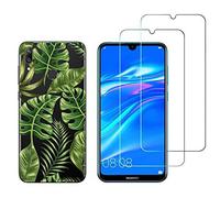 NOVAGO Compatible avec Huawei Y7 2019 -Coque Souple Solide Anti Choc avec Impression + 2 Films Protection écran Verre trempé résistant (Feuille Verte)