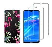 NOVAGO Compatible avec Huawei Y7 2019 -Coque Souple Solide Anti Choc avec Impression + 2 Films Protection écran Verre trempé résistant (Flamant Rose)