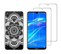 NOVAGO Compatible avec Huawei Y7 2019 -Coque Souple Solide Anti Choc avec Impression + 2 Films Protection écran Verre trempé résistant (Rosace Blanche)