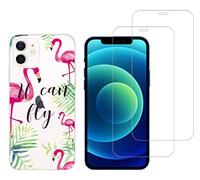 NOVAGO Compatible avec iPhone 12 Mini (5.4') -Pack Complet- Coque Résistante Transparente avec Motif + 2 Films Protection écran Verre trempé 0.33 mm 9H (Coque + Films, Flamant Rose)