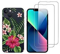 NOVAGO Compatible avec iPhone 13 -Pack Complet- Coque Résistante Transparente avec Motif + 2 Films Protection écran Verre trempé (Coque + Films, Exotique)