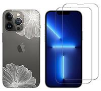 NOVAGO Compatible avec iPhone 13 Pro - Coque Transparente Souple résistante + 2 Films Protection écran Verre trempé 9H (Fleurs Blanches)