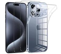 NOVAGO Compatible avec iPhone 15 Pro Max - Pack Protection : Coque Arrière Transparente en Silicone TPU Gel Souple Solide Anti Choc + 2 Films Verre Trempé (Compatible Coque)