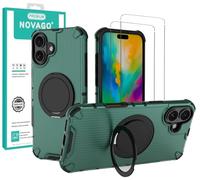 NOVAGO Compatible avec iPhone 16 Plus -Coque renforcée Antichoc avec Support Rotatif 360° Compatible Charge magnétique+ 2 Films Protection vitre écran Verre trempé (Vert)
