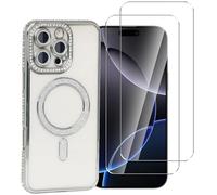 NOVAGO Compatible avec iPhone 16 Pro -Coque Silicone Souple avec Strass Compatible Charge magnétique+ 2 Films Protection vitre écran Verre trempé
