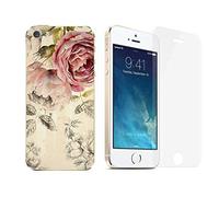 NOVAGO Compatible avec iPhone 5, iPhone 5S, iPhone SE 2016 Pack 2 en 1- Coque Transparente imprimée + 1 Film en Verre trempé résistant - Pivoine Rose