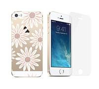 NOVAGO Compatible avec iPhone 5, iPhone 5S, iPhone SE 2016 Pack 2 en 1- Coque Transparente imprimée + 1 Film en Verre trempé résistant - Fleur Rose Strass