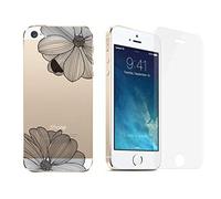 NOVAGO Compatible avec iPhone 5, iPhone 5S, iPhone SE 2016 Pack 2 en 1- Coque Transparente imprimée + 1 Film en Verre trempé résistant (Fleur Noire)