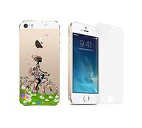 NOVAGO Compatible avec iPhone 5, iPhone 5S, iPhone SE 2016 Pack 2 en 1- Coque Transparente imprimée + 1 Film en Verre trempé résistant - Fille Vélo 2