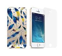 NOVAGO Compatible avec iPhone 5, iPhone 5S, iPhone SE 2016 Pack 2 en 1- Coque Transparente imprimée + 1 Film en Verre trempé résistant - Plumes Bleues