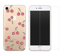 NOVAGO Compatible avec iPhone SE 2022/2020, iPhone 8, 7 [Pack 2 en 1] Coque Souple Transparente + Film Protection Écran en Verre Trempé - Protection Intégrale, Anti-Choc 0.26mm (Cerises)