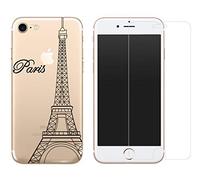 NOVAGO Compatible avec iPhone SE 2022/2020, iPhone 8, 7 [Pack 2 en 1] Coque Souple Transparente + Film Protection Écran en Verre Trempé - Protection Intégrale, Anti-Choc 0.26mm(Tour Noir)