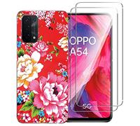 NOVAGO Compatible avec Oppo A54 5G /A74 5G - Pack Complet- Coque Résistante avec Motifs imprimes + 2 Films de Protection écran Verre trempé résistant 0.33mm 9H (Coque+Films, Fleur Rouge)