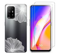 NOVAGO Compatible avec Oppo A94 5G -Pack Complet- Coque Résistante Transparente avec Motif Fantaisie imprimé + 2 Films Protection vitre écran Verre trempé (Fleurs Blanches)