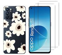 NOVAGO Compatible avec Oppo Reno 6 5G -Pack Complet- Coque Résistante Transparente avec Motif imprimé+ 2 Films Protection vitre écran Verre trempé… (Fleurs)