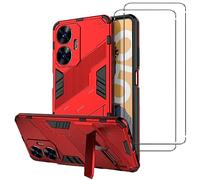 NOVAGO Compatible avec Realme C55 - Pack 3 en 1 - Coque Rouge Résistante Antichoc avec Support Pied Pliable et 2 Films Protection Écran Verre Trempé 9H