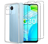 NOVAGO Compatible avec Realme Narzo 50i Prime 4G / Realme C30 - Pack Protection - Coque Arrière Transparente en Silicone TPU Gel Souple Solide Anti Choc + 2 Films Verre Trempé (Compatible Coque)