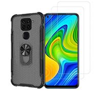 NOVAGO Compatible avec Redmi Note 9-Pack Complet- Coque de Protection Résistante + 2 Films de Protection écran en Verre trempé (Plus Petits Que l'écran) (Noir avec Anneau)