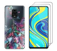 NOVAGO Compatible avec Redmi Note 9S /Note 9 Pro/Note 9 Pro Max-Pack Complet- Coque de Protection Résistante + 2 Films de Protection écran en Verre trempé (Plumes)