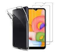NOVAGO Compatible avec Samsung Galaxy A01 - Pack Protection - Coque Arrière Transparente en Silicone TPU + 2 Films de Protection écran en Verre Trempé (Transparent, Compatible Coque)