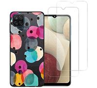 NOVAGO Compatible avec Samsung Galaxy A12 et Galaxy M12 4G -Pack Complet- Coque Résistante Transparente avec Motif imprimé+ 2 Films Protection vitre écran Verre trempé… (Ronds)