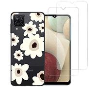 NOVAGO Compatible avec Samsung Galaxy A12 et Galaxy M12 4G -Pack Complet- Coque Résistante Transparente avec Motif imprimé+ 2 Films Protection vitre écran Verre trempé… (Fleurs)