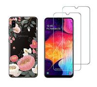 NOVAGO Compatible avec Samsung Galaxy A20 A205 et A30 A305 - Combo Coque Souple et Solide Transparente +2 Films Protection écran en Verre trempé résistant (Grosse Fleur)
