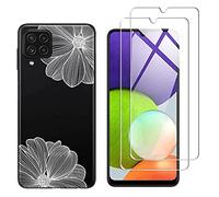 NOVAGO Compatible avec Samsung Galaxy A22 4G -Pack Complet- Coque Résistante Transparente avec Motif imprimé+ 2 Films Protection écran Verre trempé (Fleurs Blanches)