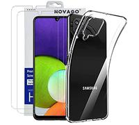 NOVAGO Compatible avec Samsung Galaxy A22 4G -Pack Complet- Coque Résistante Transparente avec Motif imprimé+ 2 Films Protection écran Verre trempé (Transparent)