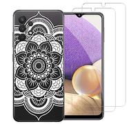 NOVAGO Compatible avec Samsung Galaxy A32 4G -Pack Complet- Coque Résistante Transparente avec Motif imprimé+ 2 Films Protection écran Verre trempé (Rosace Blanche, Coque + 2 Films)