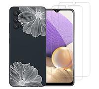 NOVAGO Compatible avec Samsung Galaxy A32 4G -Pack Complet- Coque Résistante Transparente avec Motif imprimé+ 2 Films Protection écran Verre trempé (Fleurs Blanches, Coque + 2 Films)