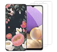 NOVAGO Compatible avec Samsung Galaxy A32 4G -Pack Complet- Coque Résistante Transparente avec Motif imprimé+ 2 Films Protection écran Verre trempé (Grosse Fleur, Coque + 2 Films)