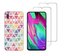 NOVAGO Compatible avec Samsung Galaxy A40 -Pack 2 en 1-Coque Souple Solide Anti Choc avec Impression + 2 Films Protection écran Verre trempé résistant (Coque+2 Films, Triangles)