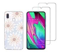 NOVAGO Compatible avec Samsung Galaxy A40 -Pack 2 en 1-Coque Souple Solide Anti Choc avec Impression + 2 Films Protection écran Verre trempé résistant (Fleur Strass)