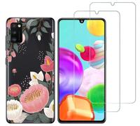 NOVAGO Compatible avec Samsung Galaxy A41 -Pack Complet- Coque Résistante Transparente avec Motif Fantaisie imprimé + 2 Films Protection vitre écran Verre trempé (Grosse Fleur)