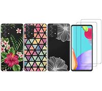 NOVAGO Compatible avec Samsung Galaxy A52 /A52 5G et A52S 5G - Pack Complet- Coque arrière Transparente Résistante avec Motifs imprimés + 2 Film vitre Protection écran Verre trempé (3 Coques)