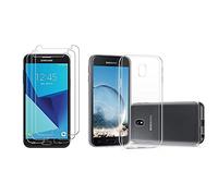 NOVAGO Compatible avec Samsung Galaxy J3 2017 J330 - Pack 3 en 1- Coque Souple et Solide Anti Choc + 2 Films en Verre trempé Résistants (Films Plus Petits Que l'écran) (Transparent)