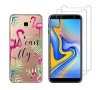 NOVAGO Compatible avec Samsung Galaxy J4 Plus/J4 +/J4 Core -Coque Souple Solide Anti Choc avec Impression + 2 Films Protection écran Verre trempé résistant (Flamant Rose)