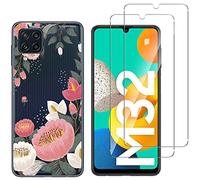 NOVAGO Compatible avec Samsung Galaxy M32 4G - Pack Protection - Coque Arrière Gel Souple Motif Imprimé Solide Anti Choc + 2 Films Verre Trempé (Grosse Fleur)