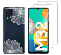 NOVAGO Compatible avec Samsung Galaxy M32 4G - Pack Protection - Coque Arrière Gel Souple Motif Imprimé Solide Anti Choc + 2 Films Verre Trempé(Fleurs Blanches)