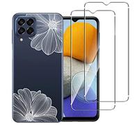 NOVAGO Compatible avec Samsung Galaxy M33 5G - Pack Protection - Coque Arrière Gel Souple Motif Imprimé Solide Anti Choc + 2 Films Verre Trempé (Fleurs Blanches)